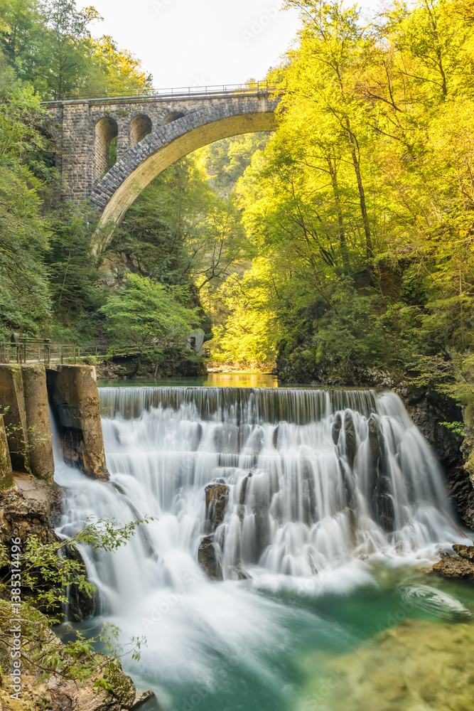 Wonderful waterfall in a serene forest at Soteska Vintgar, Slovenia