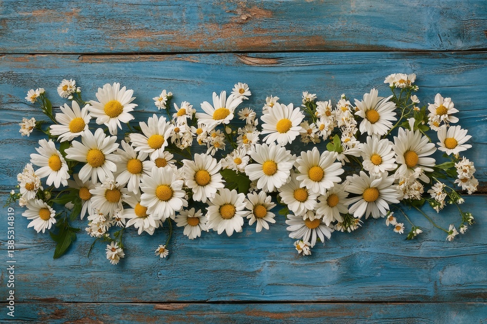Obraz premium White daisies displayed on a rustic blue wooden plank background