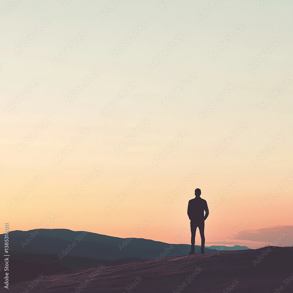 A man stands on a hill overlooking a beautiful sunset A man stands on a hill overlooking a beautiful sunset