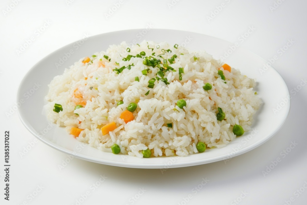 A plate of fried rice with shrimp and vegetables. Featuring flavor and balance A plate of fried rice with shrimp and vegetables. Featuring flavor and balance
