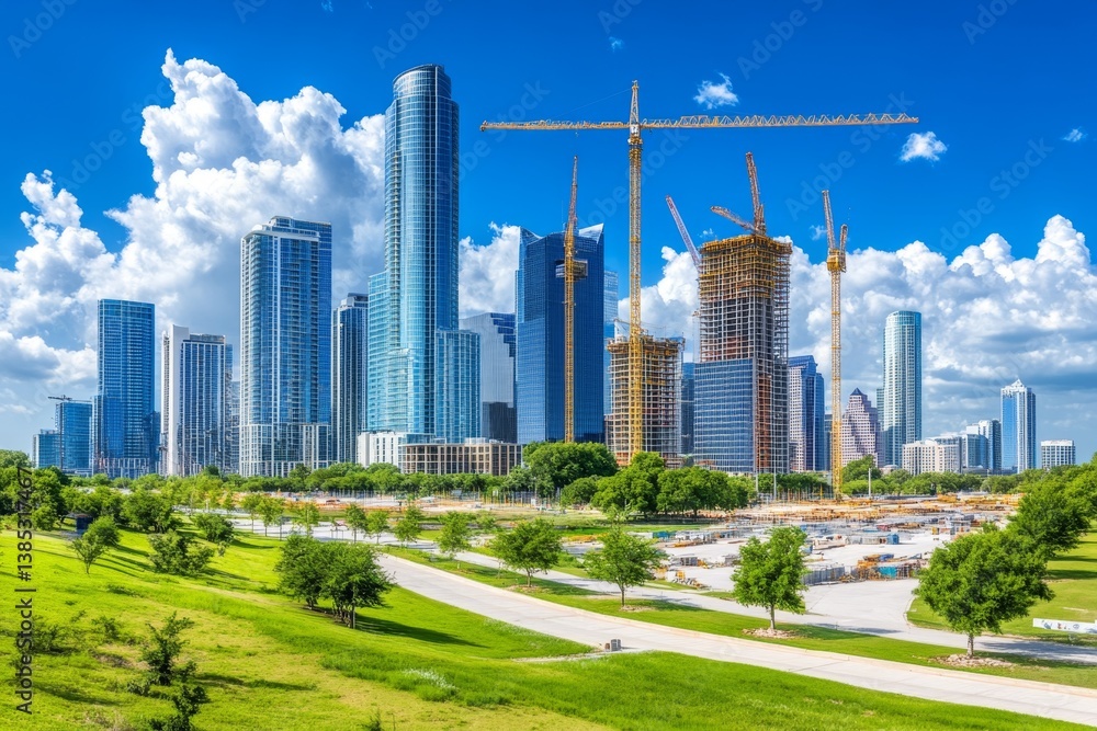 Fototapeta premium A downtown skyline with construction cranes, showing a city in constant evolution
