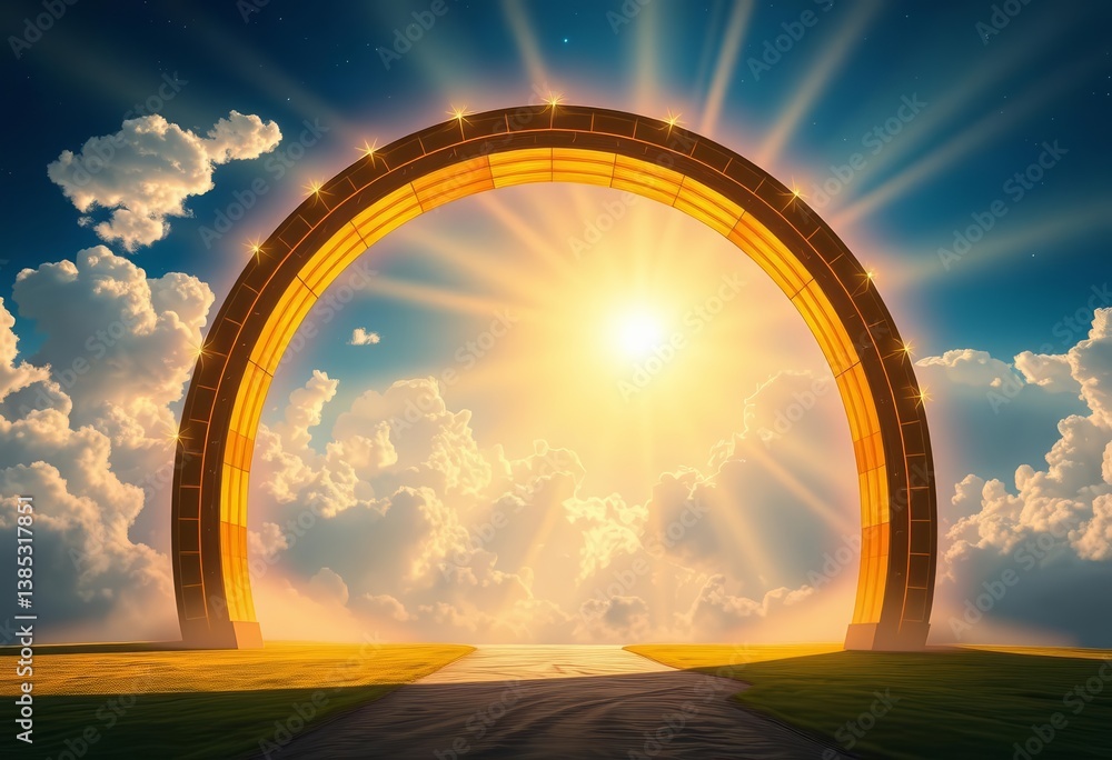 Golden archway, celestial clouds, radiant light, pathway to heaven, galaxy, magical Golden archway, celestial clouds, radiant light, pathway to heaven, galaxy, magical