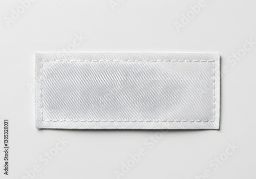 Blank White Rectangular Label with Stitched Border on White Background Text Space.