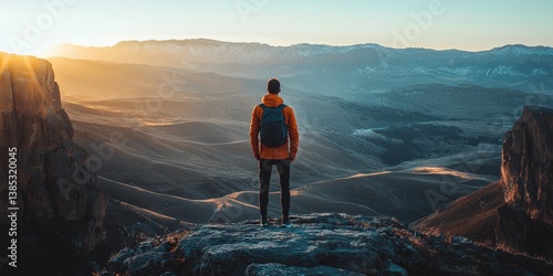 a man standing on a mountain looking out over a valley. 