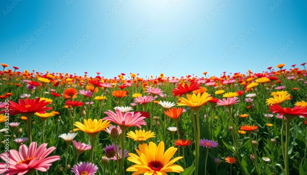 Obraz premium Low-angle panoramic view of a vibrant, seamless field of colorful flowers against a clear blue sky , fantasy, calm