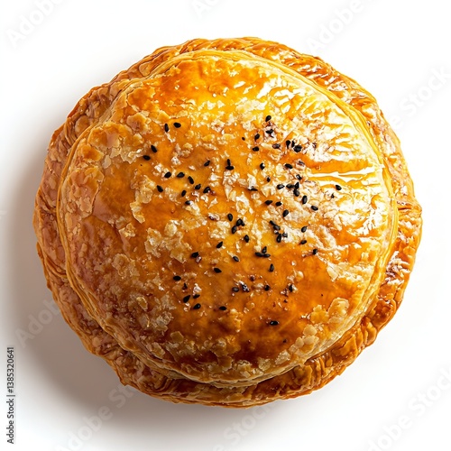 Golden Flaky Pastry Disc Topped with Black Seeds and Glazed Finish on White Background : Generative AI