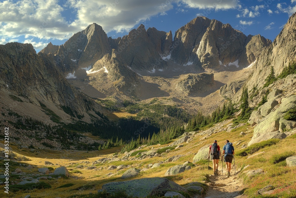 Obraz premium Hikers travel a path through a mountain valley under a blue sky