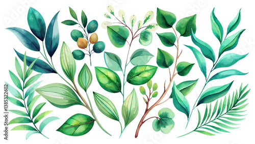 Watercolor floral illustration set - green leaf branches collection, for wedding stationary, greetings, wallpapers, fashion, background. Eucalyptus, olive, green leaves, etc.