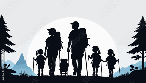 Bonding Time: Family Silhouette Walking Through Nature