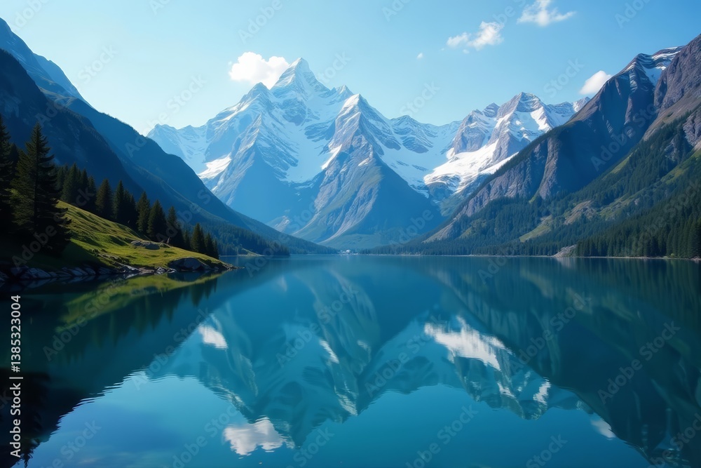 Majestic snow-capped mountains reflecting in crystal clear alpine lake, reflection, mountains, snow Majestic snow-capped mountains reflecting in crystal clear alpine lake, reflection, mountains, snow