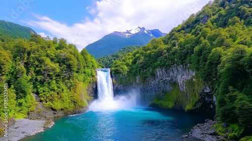 A giant waterfall in Patagonia, with powerful water plunging into a deep turquoise pool below