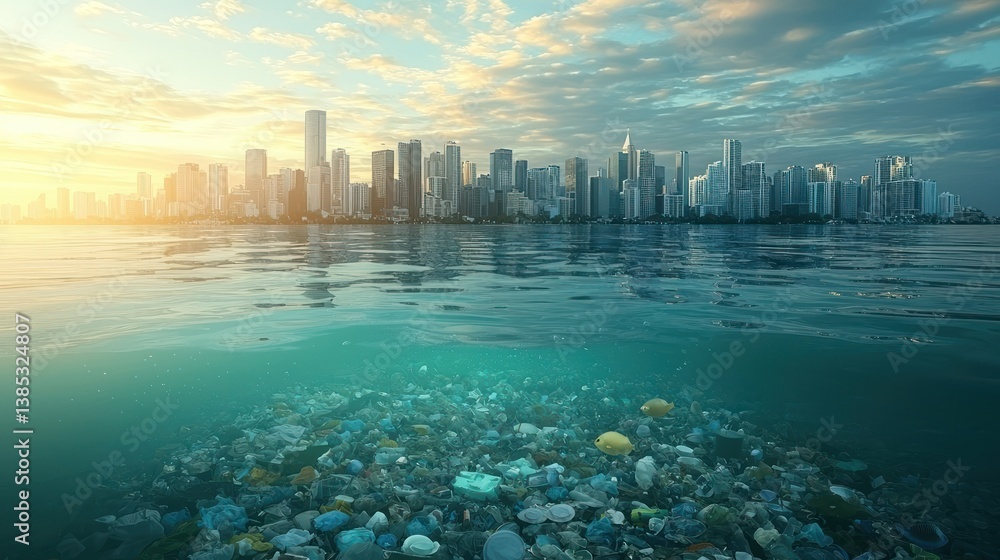 Fototapeta premium Urban Sprawl and Ocean Pollution: A Bleak Reflection of our Future