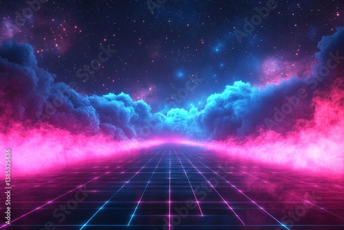Synthwave vaporwave retrowave cyber background with copy space, laser grid, starry sky, blue and purple glows with smoke and particles. Design for poster, cover, wallpaper, web, banner, Generative AI