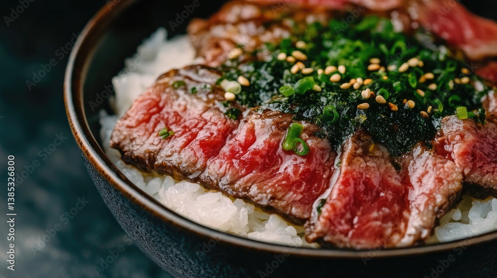 A wagyu beef rice bowl served on a dark, moody background with soft, dramatic lighting A wagyu beef rice bowl served on a dark, moody background with soft, dramatic lighting