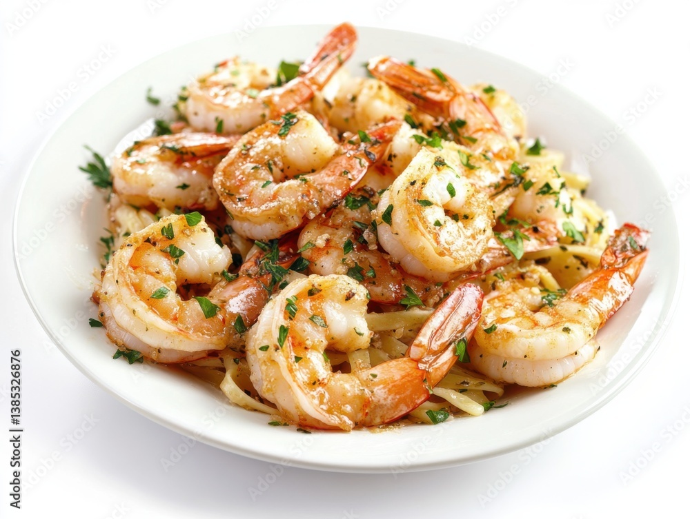 A plate of shrimp scampi with garlic and parsley. Featuring seafood richness and bright flavors A plate of shrimp scampi with garlic and parsley. Featuring seafood richness and bright flavors