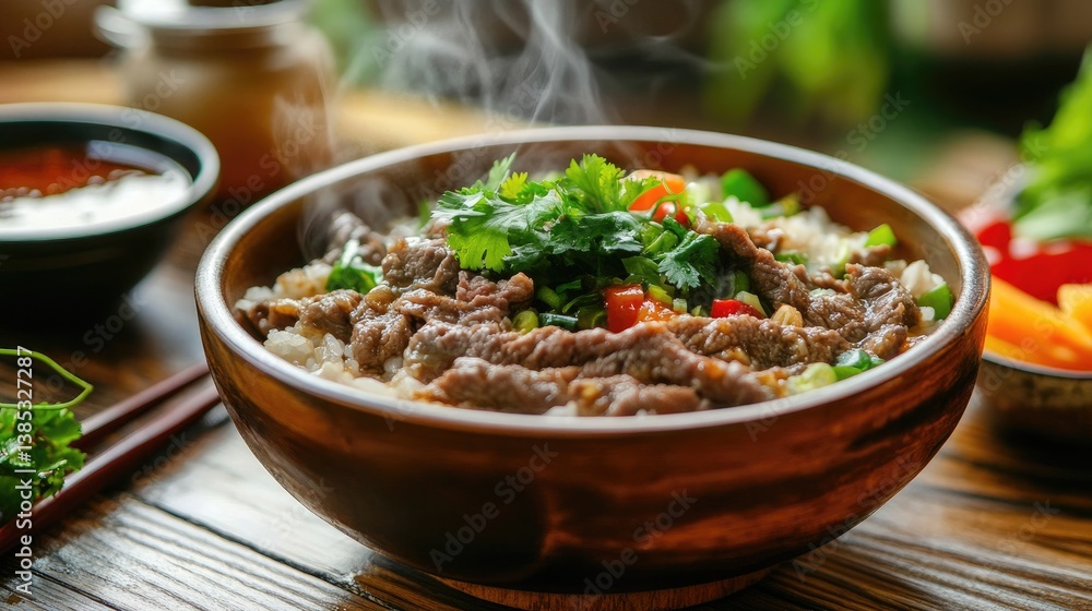 A warm wooden table setting featuring a steaming beef rice bowl with a side of dipping sauce A warm wooden table setting featuring a steaming beef rice bowl with a side of dipping sauce