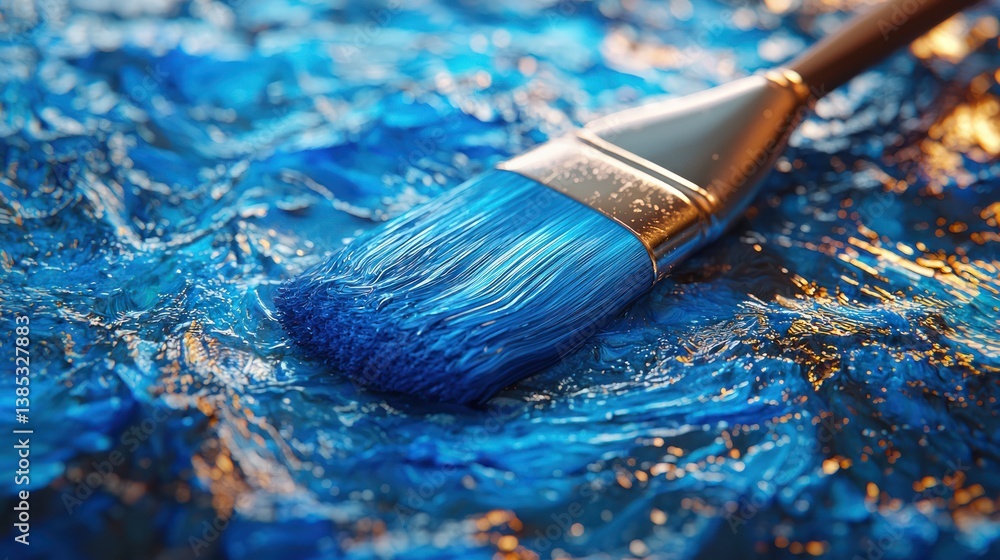 Fototapeta premium Blue paintbrush on textured canvas, artistic background, close-up detail, for art blogs