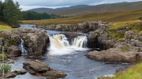 A winding river with small waterfalls cascading over smooth rocks, surrounded by greenery