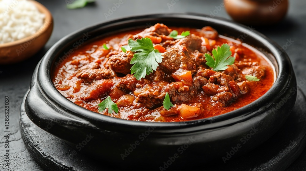 Rich, savory stew with tender meat, vibrant tomato sauce, and fresh herbs, served with rice Rich, savory stew with tender meat, vibrant tomato sauce, and fresh herbs, served with rice