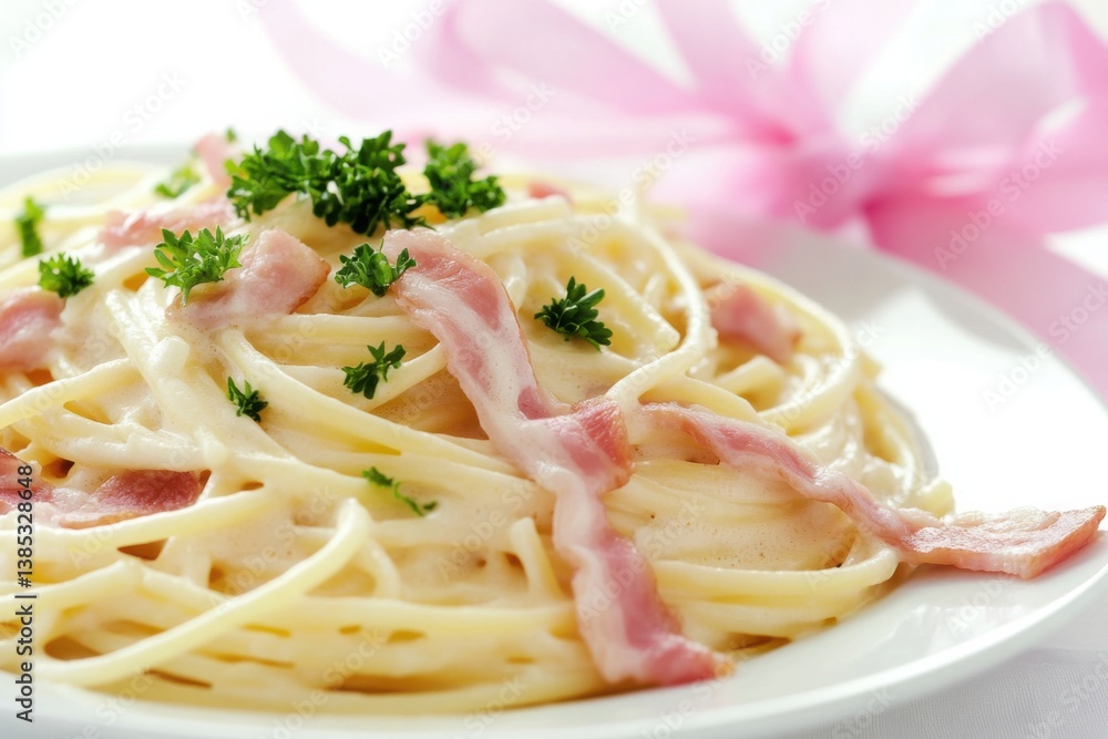 A plate of spaghetti carbonara with Parmesan and parsley. Featuring creaminess and tradition A plate of spaghetti carbonara with Parmesan and parsley. Featuring creaminess and tradition