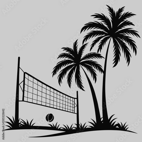 a beach volleyball net with palm tree silhouette vector design art and illustration