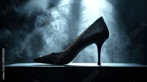 Elegant Black High Heel Shoe on Dark Background with Smoke