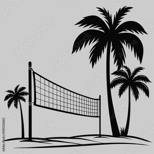 a beach volleyball net with palm tree silhouette vector design art and illustration