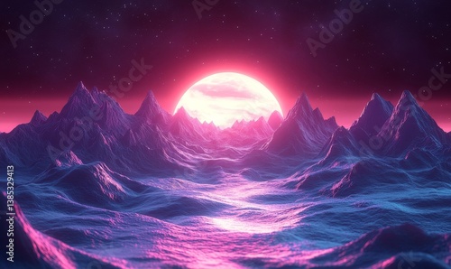 Trendy retro futuristic grey landcape 3d surface among mountains with dark space background. 3D render. Retrowave VJ videogame landscape, neon lights and low poly terrain grid. Seamless, Generative AI