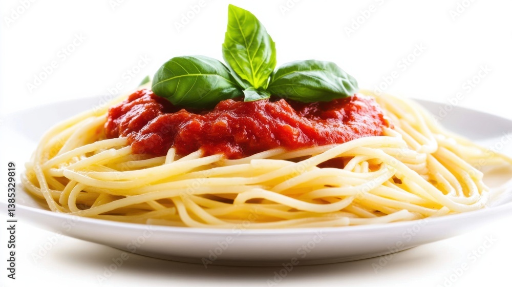 A plate of spaghetti with marinara sauce and fresh basil leaves. Featuring classic Italian comfort A plate of spaghetti with marinara sauce and fresh basil leaves. Featuring classic Italian comfort