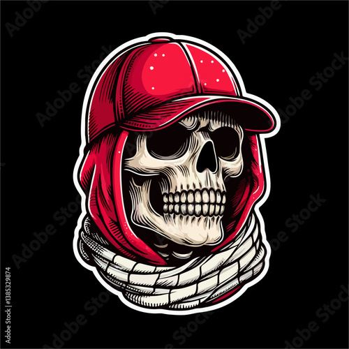Vector illustration of Skull head Football fans hooligan ultras with red white color