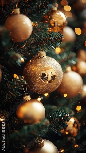 Golden Christmas Ornaments on a Lush Evergreen Tree