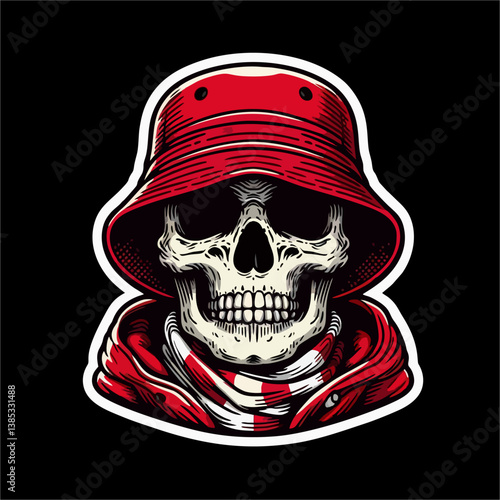Vector illustration of Skull head Football fans hooligan ultras with red white color