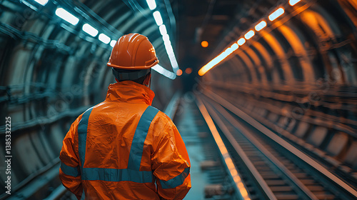 A man in bright orange protective clothing and a helmet is standing in the tunnel. Reflective stripes are visible on the clothes. The tunnel is illuminated by rows of light bulbs located along its wal