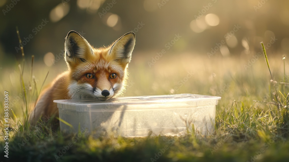 Obraz premium Fox by plastic box in grass at sunrise. Possible use Nature photography stock