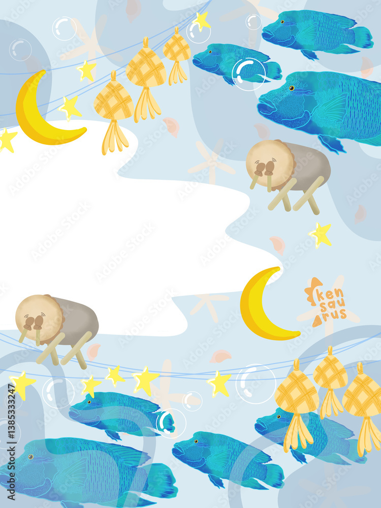 Obraz premium set of funny cartoon fishes illustration with kensaurus sign
