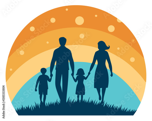 Family Silhouette Walking at Sunset: Parents and Two Children Together.