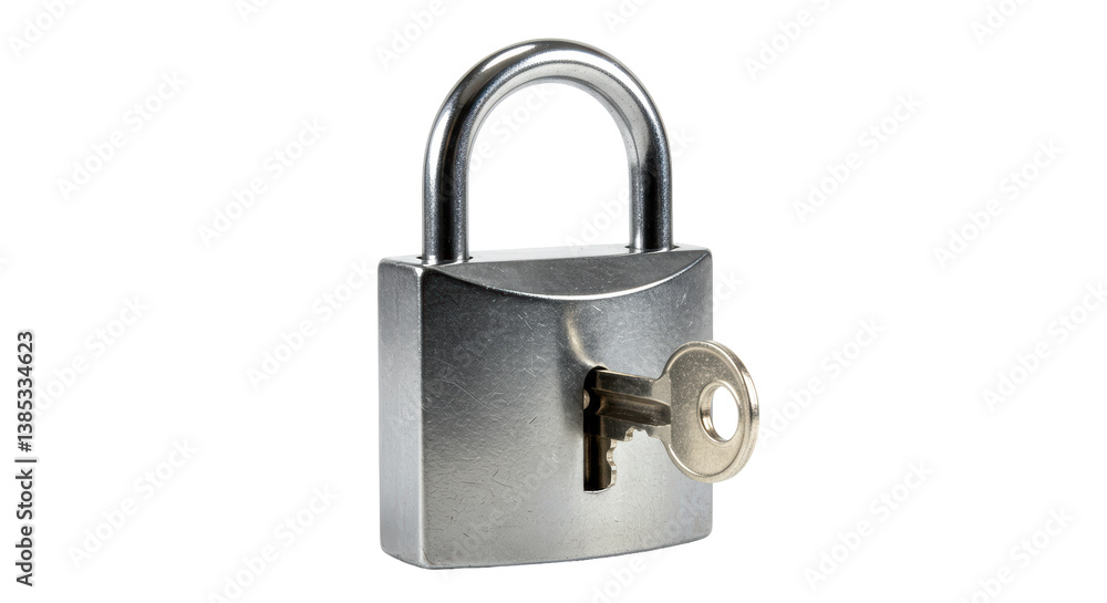 Isolated Silver Padlock with Key in Keyhole Isolated Silver Padlock with Key in Keyhole
