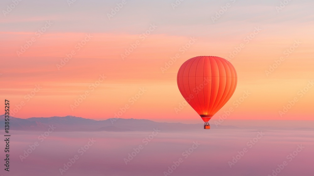 Fototapeta Vivid Red Hot Air Balloon Ascending Over Pastel Sunset Scenery