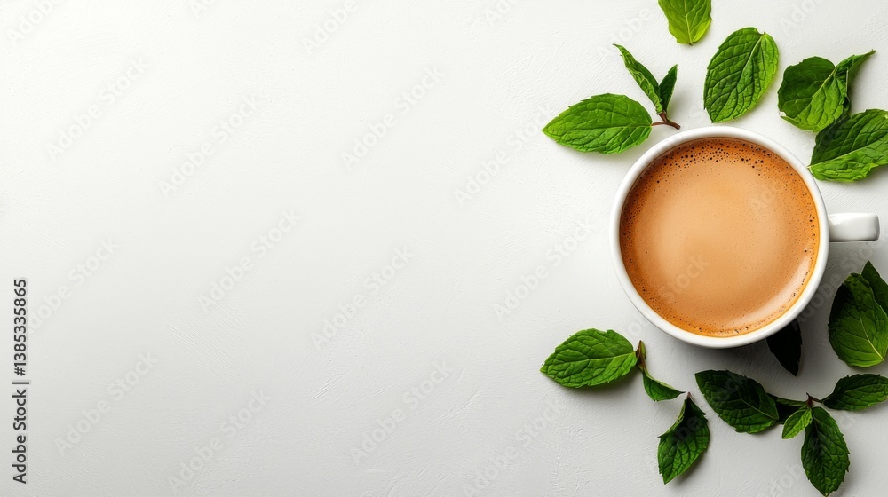 Fresh mint leaves surround a cup of aromatic coffee on a light background Fresh mint leaves surround a cup of aromatic coffee on a light background