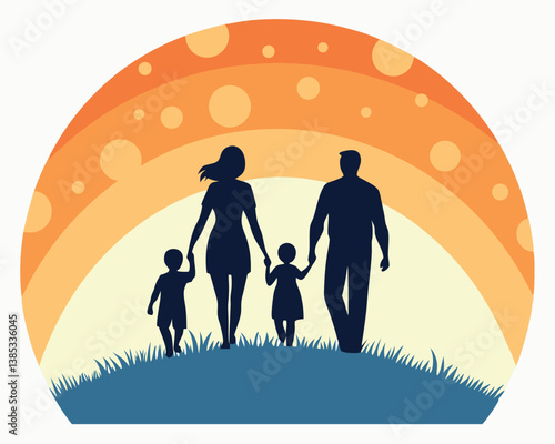 Family Silhouette Walking at Sunset: Parents and Two Children Together.