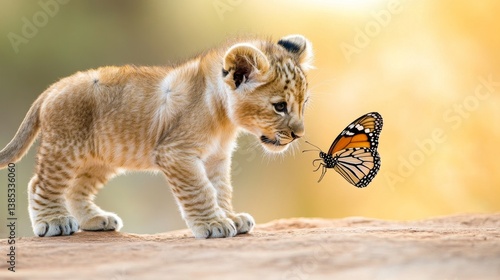 A lion cub curiously sniffing at a butterfly that has landed on its paw