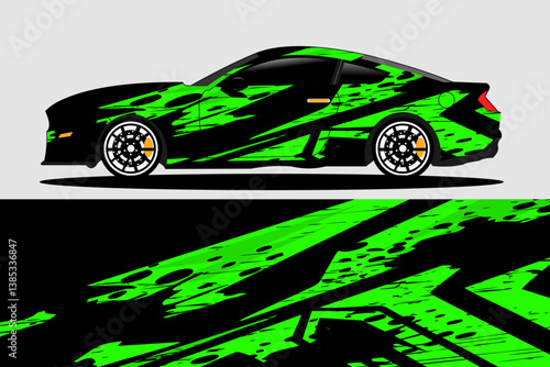 Vibrant green sports car with dynamic graphic design parked against a minimalist gray background