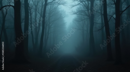 Fototapeta Naklejka Na Ścianę i Meble -  Dark dense foggy forest background, thick mist and deep shadows