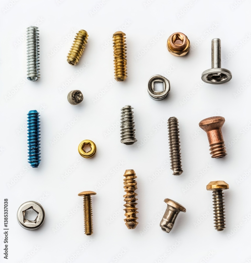 Assorted screws and bolts arranged on white background Assorted screws and bolts arranged on white background