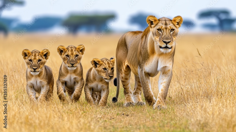 A lioness leading her cubs through the tall golden grass of the African savanna A lioness leading her cubs through the tall golden grass of the African savanna