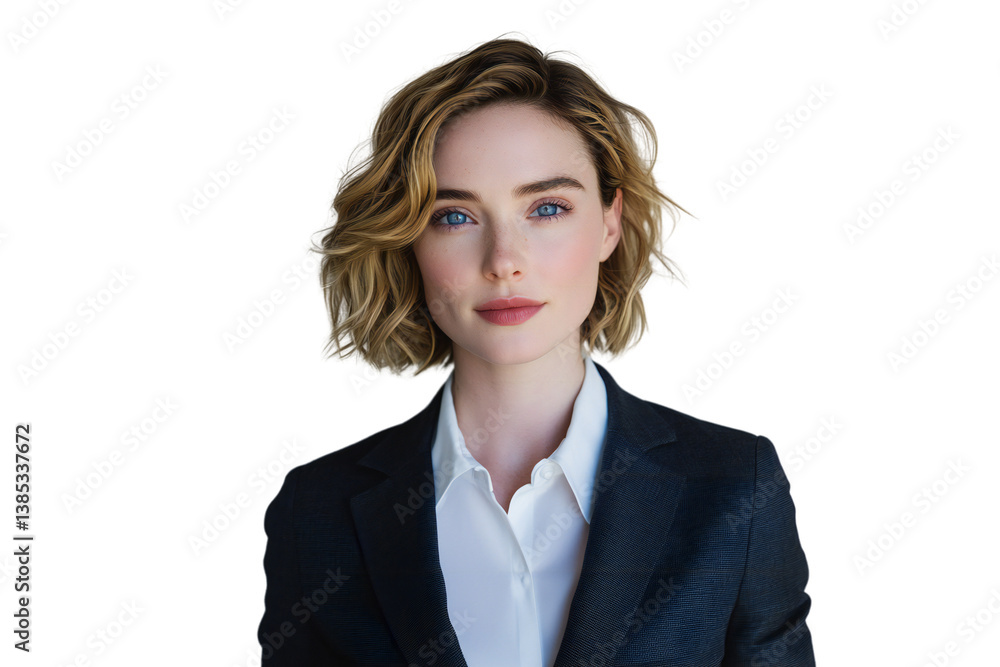 Confident young businesswoman with short wavy blonde hair in formal suit, professional corporate portrait, isolated on transparent background Confident young businesswoman with short wavy blonde hair in formal suit, professional corporate portrait, isolated on transparent background
