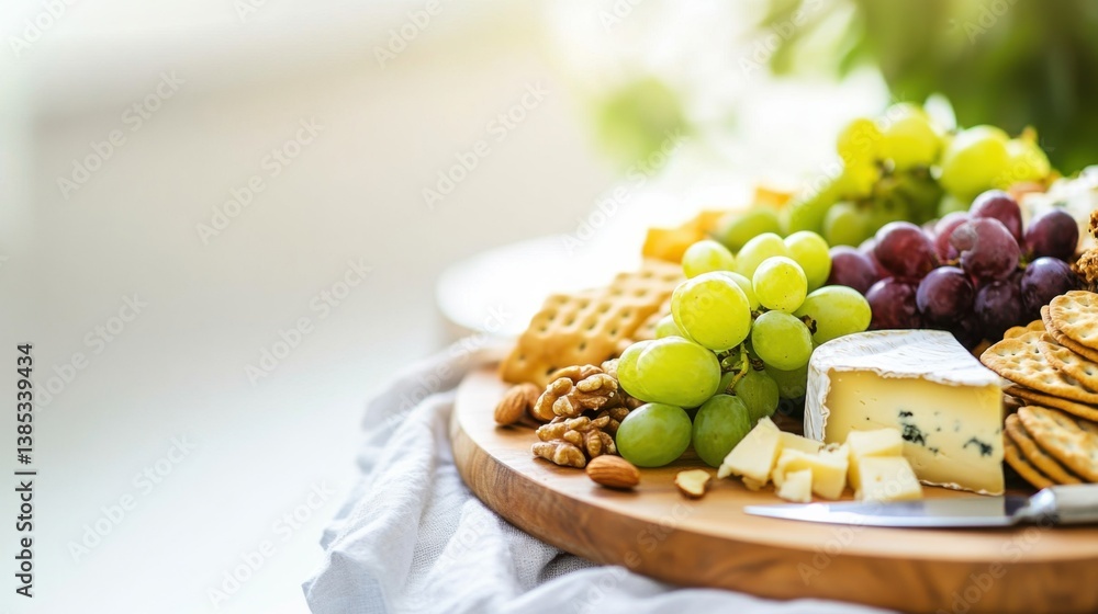 A platter of assorted cheeses, grapes, nuts, and crackers. Featuring elegance and abundance A platter of assorted cheeses, grapes, nuts, and crackers. Featuring elegance and abundance