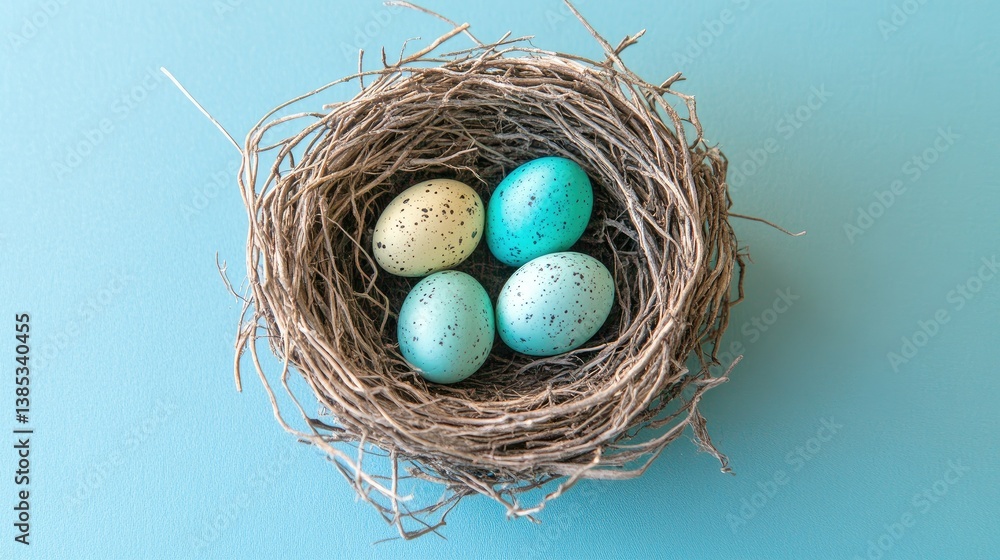 Obraz premium A festive Easter scene featuring a real bird's nest with colorful eggs, placed on a calming blue background, top-down perspective.