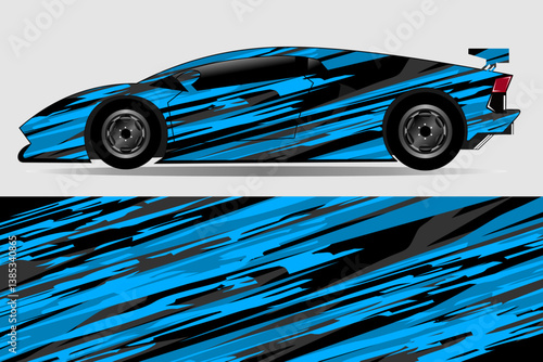 Sleek blue and black sports car design showcasing dynamic racing stripes against a neutral background