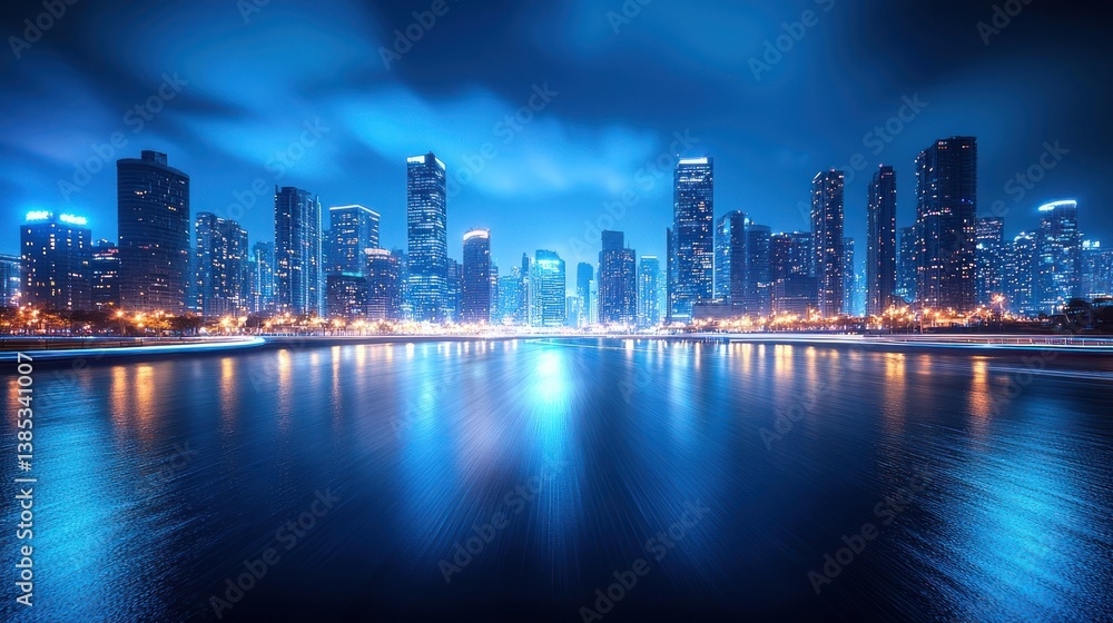 Fototapeta premium Night cityscape, illuminated skyscrapers, reflective water, urban scene, background, stock photo